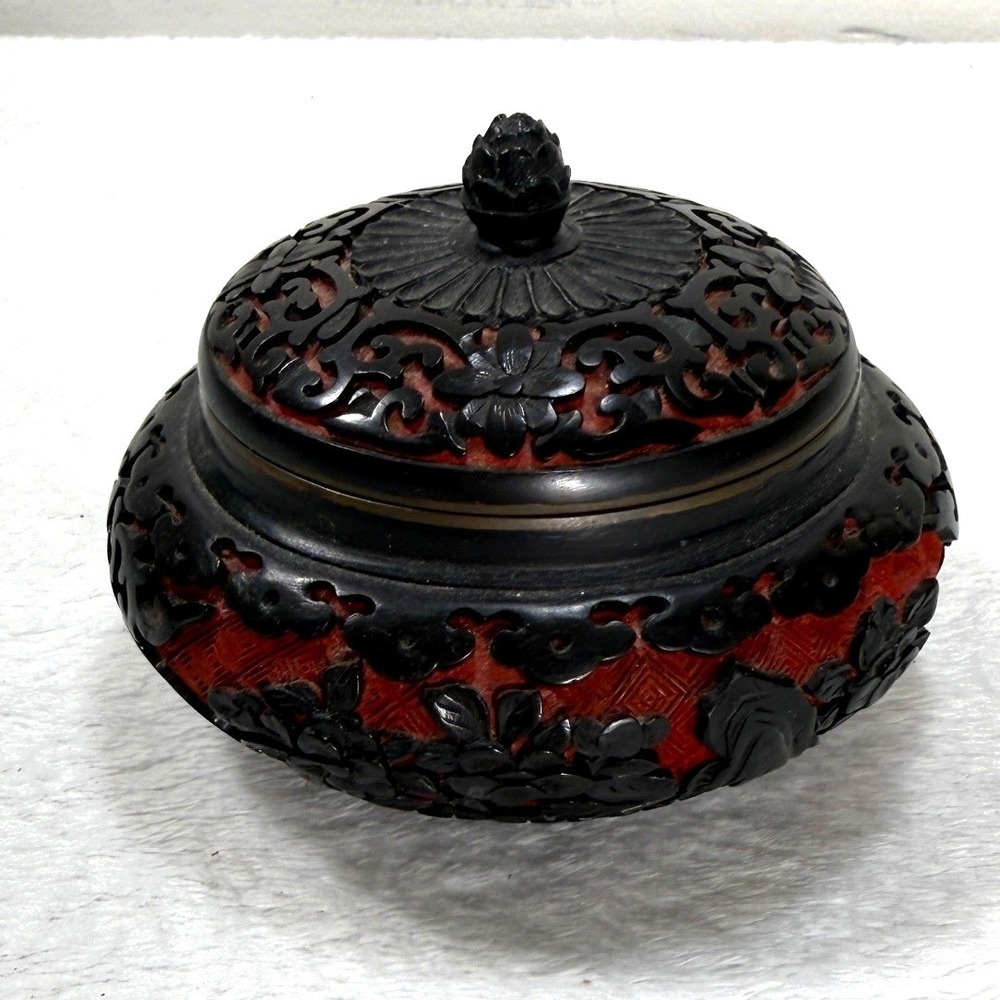 Vintage Chinese Carved Cinnabar Bowl Black Red Trinket Box Blue Enamel Interior